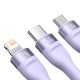 3in1 USB laidas Baseus Flash Series II, USB-C + mikro USB + Lightning, 66 W, 1.2 m (violetinė)