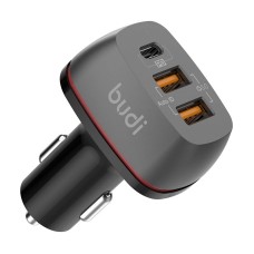 Automobilinis įkroviklis Budi, 2x USB + USB-C, QC + PD (juodas)