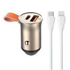 Car charger LDNIO C509Q, USB + USB-C, 30W + cable USB-C to Lightning (gold)