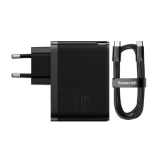 Baseus GaN USB-C + USB sieninis įkroviklis 100W + 1m kabelis - Juodas