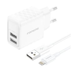 Foneng EU53 2xUSB-A, 2.4A tinklo įkroviklis (baltas) + USB-A iki Lightning kabelio