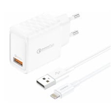 Foneng EU54 USB-A, 3A maitinimo įkroviklis (baltas) + USB-A iki Lightning kabelis