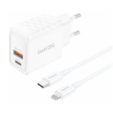 Foneng EU56 1xUSB-A, 1xUSB-C, 20W maitinimo įkroviklis (baltas) + USB-A iki Lightning kabelis