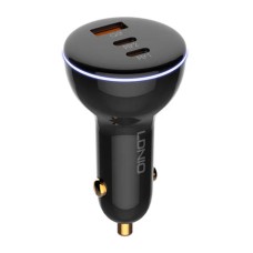 LDNIO C102 Car Charger, USB + 2x USB-C, 160W + USB to Lightning Cable (Black)