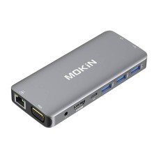 MOKiN 10 in 1 Adapteris Hub USB-C - 3x USB 3.0 + USB-C įkrovimas + HDMI + 3.5mm audio + VGA + 2x RJ45 + Micro SD skaitytuvas - Sidabrinis