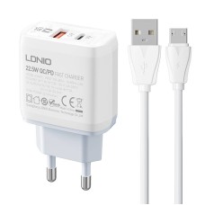 Wall charger  LDNIO A2421C USB, USB-C 22.5W + MicroUSB cable