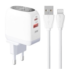 Sieninis įkroviklis LDNIO A2522C USB, USB-C 30W + Lightning kabelis