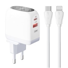 Sieninis įkroviklis LDNIO A2522C USB, USB-C 30W + USB-C - Lightning kabelis