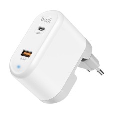 Universal Wall Charger Budi 328E USB + USB-C, 18W + EU/UK/US Adapters (white)