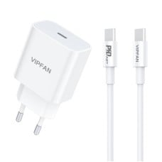 Vipfan E04 fali įkroviklis, USB-C, 20W, QC 3.0 + USB-C kabelis (baltas)